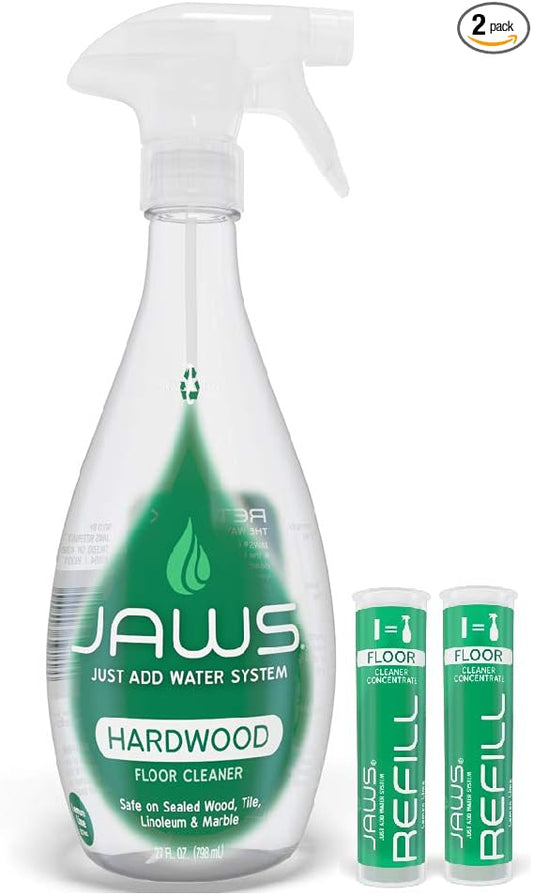 JAWS Hardwood Floor Cleaner Bottle with 2 Refill Pods. Refillable Cleaning Supplies.