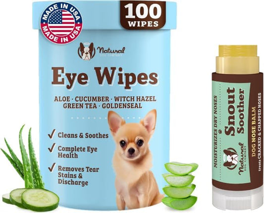Natural Dog Eye Wipes & Snout Soother Travel Stick Bundle ??Tear Stain Remover Wipes 100ct + Dog Nose Balm for Dry Noses 0.15oz, Gentle, Natural Ingredients, Lick-Safe, Travel-Friendly Dog Care Set