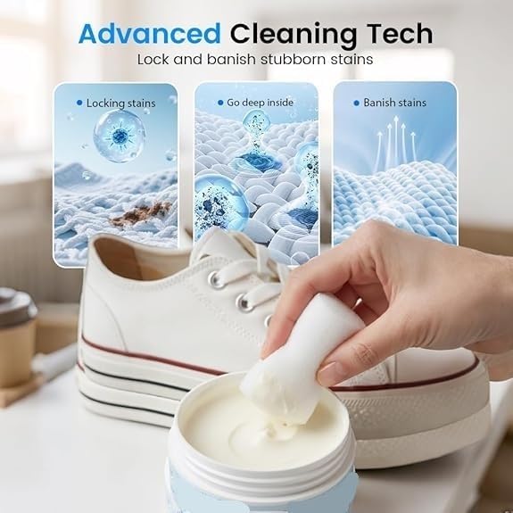 White Shoe Cleaner Cream,No Rinse Quick Brightening Paste with Sponge for Leather Sneakers Soles Removes Dirt