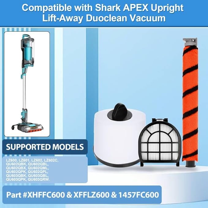 Filter Replacement for Shark LZ602 LZ601 LZ600 LZ602C QU602 QU603 APEX UpLight Lift-Away DuoClean Vacuum, 2 HEPA + 2 Pre + 4 Foam Filters, 1 Brush Roll, Part #XFFLZ600 & XHFFC600 & 145FC600