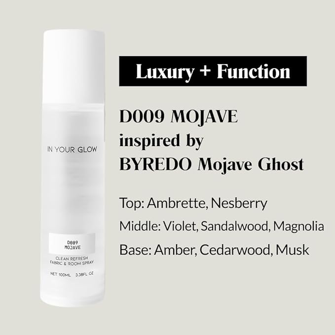 In Your Glow Fabric & Room Mist Spray– Long-Lasting Clean Scent, Unisex Luxury Fragrance & Odor Eliminator, 100ml- D009 MOJAVE