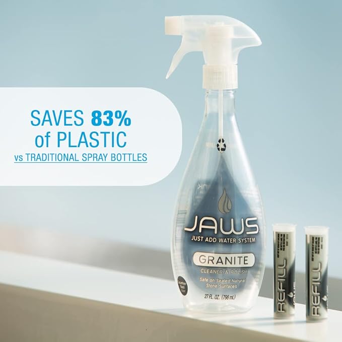 JAWS Granite Cleaner & Polish Bottle with 2 Refill Pods. Refillable Cleaning Supplies.