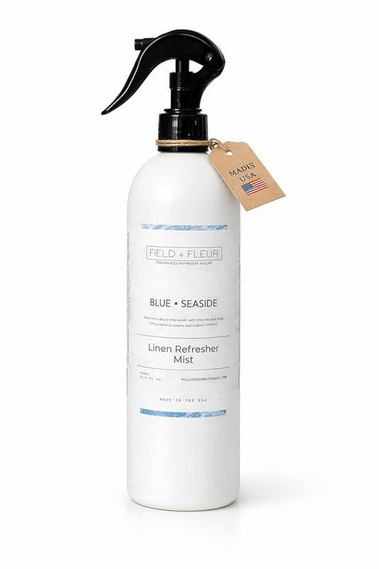 FIELD FLEUR Blue Seaside Linen & Room Spray 15.5 oz - Aromatic & Refreshing Bedding & Fabric Mist - Air Freshener for Clothes & Sofas - Notes of Citrus, Oceanic Breeze & Sugary Coconut -Made in USA
