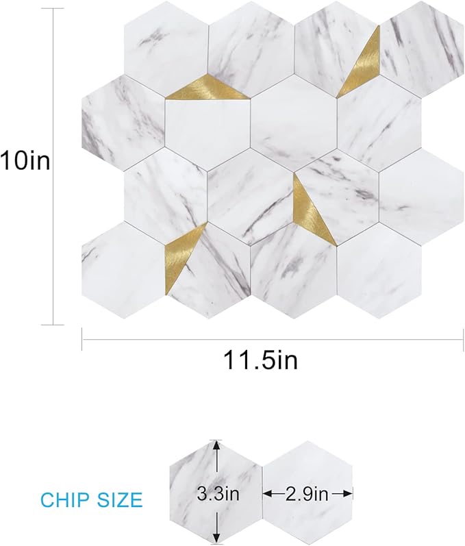 Peel and Stick Backsplash for Kitchen,New Upgrade Premium Hexagon Peel and Stick Backsplash, Seamless Backsplash Tile for Bathroom,（10-Sheet Carrara White Marble and Metal Gold）