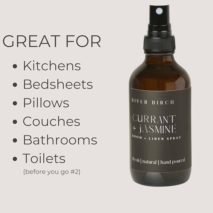 River Birch Currant + Jasmine Scented Linen and Room Spray | Home Fragrance | 4 oz Glass Amber Bottle | Luxury Signature Scent | Handmade in Texas
