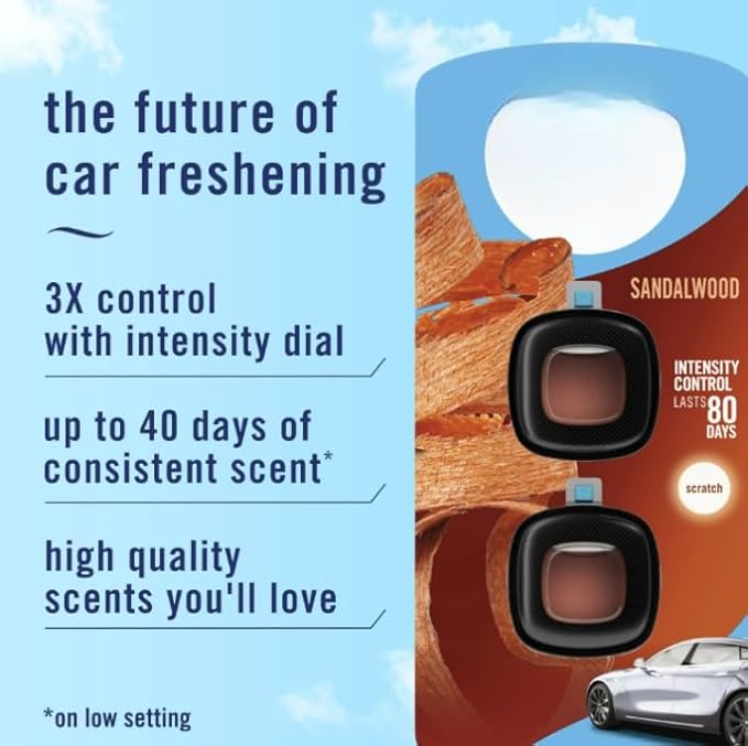 Feb-reze AUTO Car Vent Clip Air Freshener, Sandalwood Scent, 40-Day Lasting Fragrance with Steady Release Technology, 0.07 fl oz, 2 Count