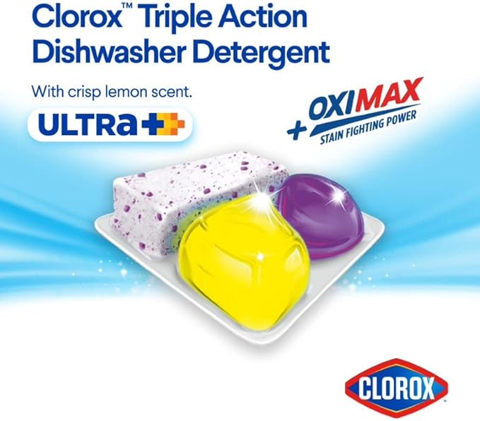Clorox Ultra+ Dishwasher Detergent Pacs, 60 Count, Stain Fighting, No Prewash Needed, Removes Burnt-on Food, Crisp Lemon Scent Pods - Packaging May Vary