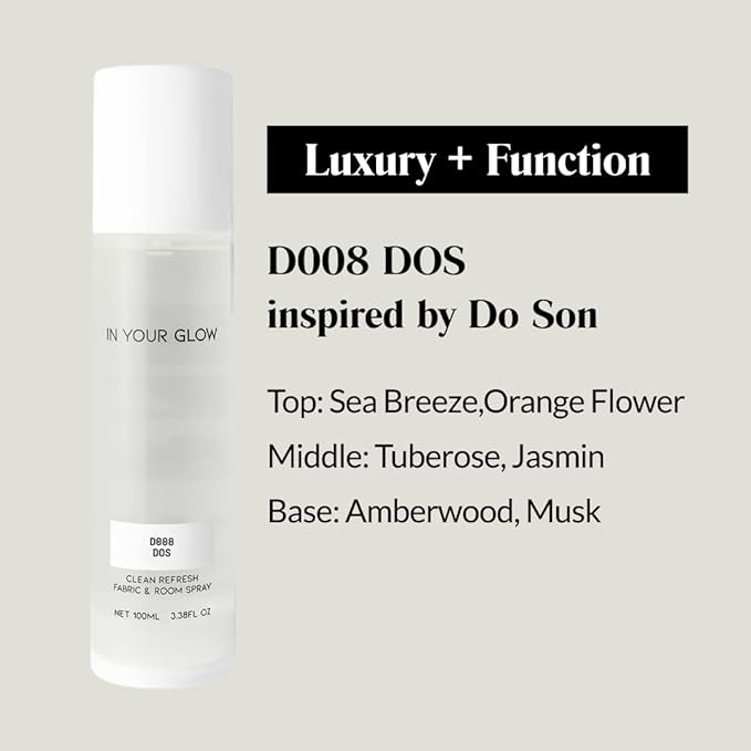 In Your Glow Fabric & Room Mist Spray– Long-Lasting Clean Scent, Unisex Luxury Fragrance & Odor Eliminator, 100ml- D008 DOS