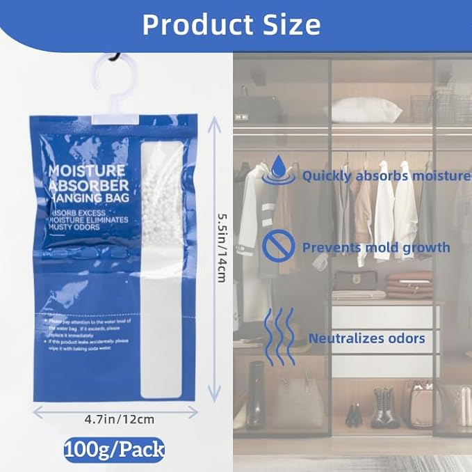 Dehumidifier Bags Hanging Moisture Absorbers - 4 Packs Dehumidifiers for Home Closet Bathroom Basement, Hanging Bag Desiccant Packs for Bedroom RV Camper, Odor Absorber Household Essentials