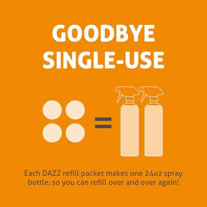 Dazz Bathroom Cleaner Starter Kit (1 Reusable Spray Bottle, 2 Refills) Tile, Tub Shower, Countertop and Bathroom Surfaces - All Natural, Eco Friendly, Non Toxic - Safe for Kids & Pets