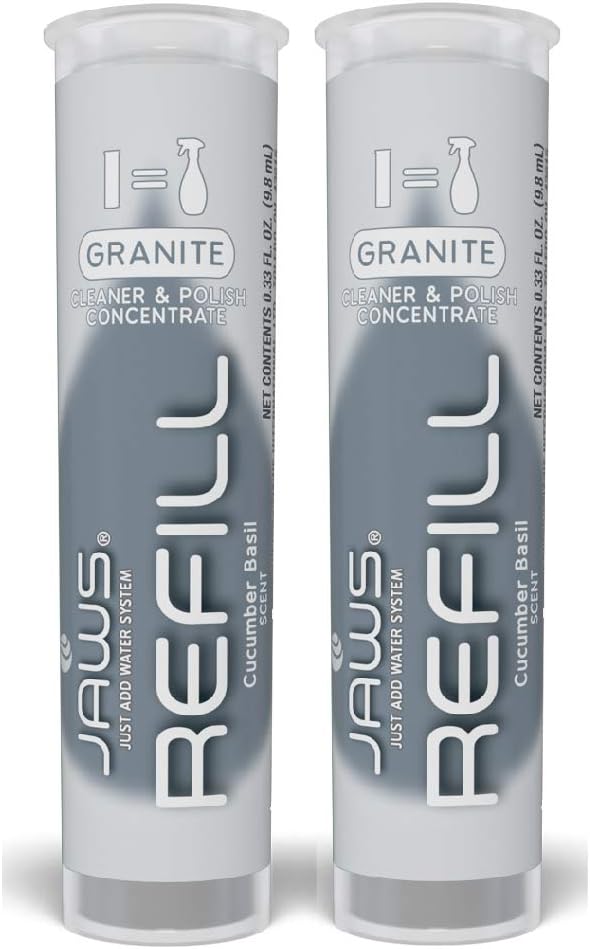 JAWS Granite Cleaner & Polish Bottle with 2 Refill Pods. Refillable Cleaning Supplies.