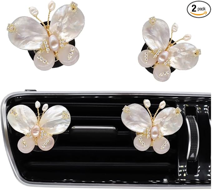 Butterfly Accessories - 2pcs Natural SeaShells Zircon Pearl Butterfly Air Freshener Vent Clips - Handmade Car Vent Decoration, Bling Car Accessory for Women, Refillable Diffuser