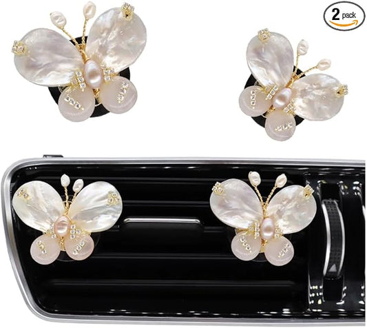 Butterfly Accessories - 2pcs Natural SeaShells Zircon Pearl Butterfly Air Freshener Vent Clips - Handmade Car Vent Decoration, Bling Car Accessory for Women, Refillable Diffuser