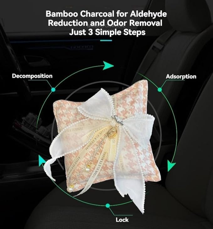 Car Accessories — Houndstooth Bamboo Charcoal Air Purifying Bag with Cotton Fabric & Natural Charcoal Classic Plaid Design for Car Interior, Home & New Vehicles (Pink Double-Layer)