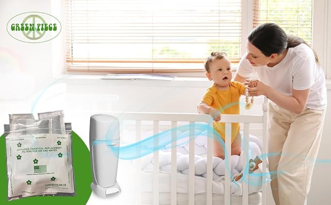 Green Piece® All-Natural Baby Diaper Pail Deodorizer - Activated Charcoal Air Purifier Compatible with Diaper Pails, Shoe Closets, Trash Cans (Pack of 12 + 1 Big Filter)
