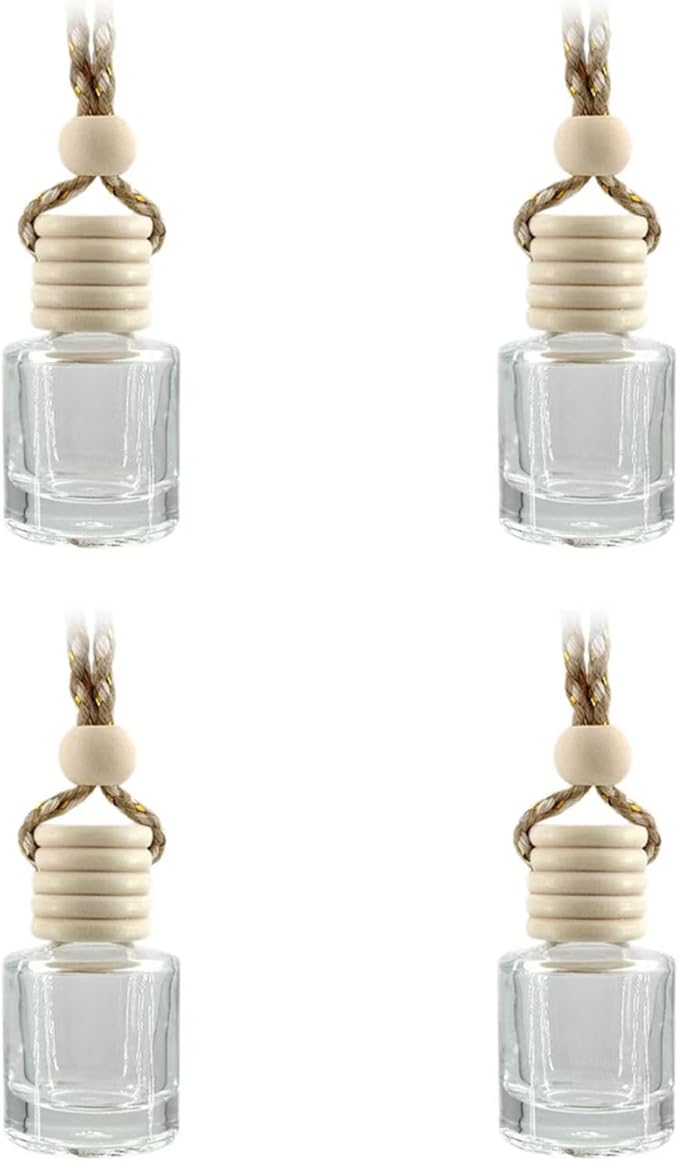 4Pcs Hanging Car Air Freshener, Empty Glass Perfume Bottle Pendant with Wooden Cap, Refillable Drift Freshener Diffuser for Essential Oils - Car Accessories for Women Men-Cylindrical