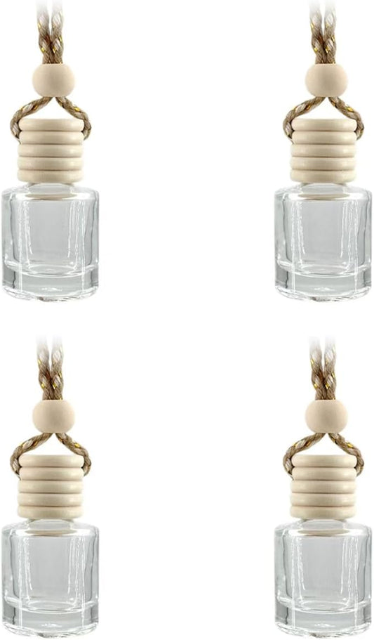 4Pcs Hanging Car Air Freshener, Empty Glass Perfume Bottle Pendant with Wooden Cap, Refillable Drift Freshener Diffuser for Essential Oils - Car Accessories for Women Men-Cylindrical