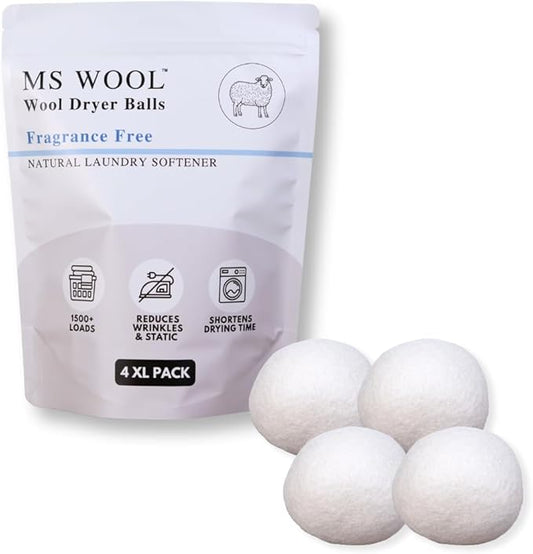 Fragrance-Free Wool Dryer Balls (4 XL Pack) – Natural Fabric Softener, Reusable, Reduces Wrinkles & Saves Drying Time, Better Alternative to Liquid Softeners & Dryer Sheets