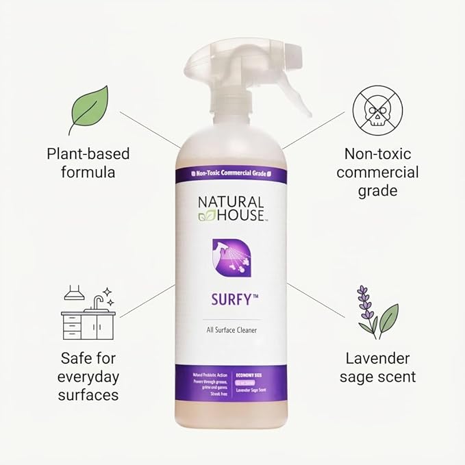 Natural House Surfy - Probiotic All-Purpose Cleaner Spray - Multi-Surface Formula - Plant-Based - Lavender Sage Scent - 128 oz