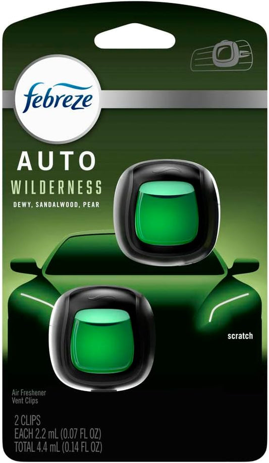 Febreze AUTO Air Freshener, Odor-Fighting Automotive Vent Clip, Scented Car Accessories, Long Lasting for Strong Odors, Wilderness Scent, 2 Count