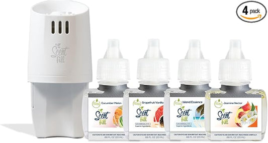 Summer Scent Fill Plug in Air Freshener Kit (Cucumber Melon, Grapefruit Vanilla, Island Essence, and Jasmine Nectar), 4 Refills + Diffuser