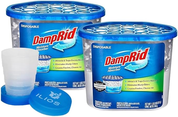 Damp Rid Moisture Absorber & Odor Remover with Activated Charcoal 2 Pack –Humidity Absorber for Home, Bathroom & Basement, 10.5 oz Disposable Buckets, – Ilios Packaging