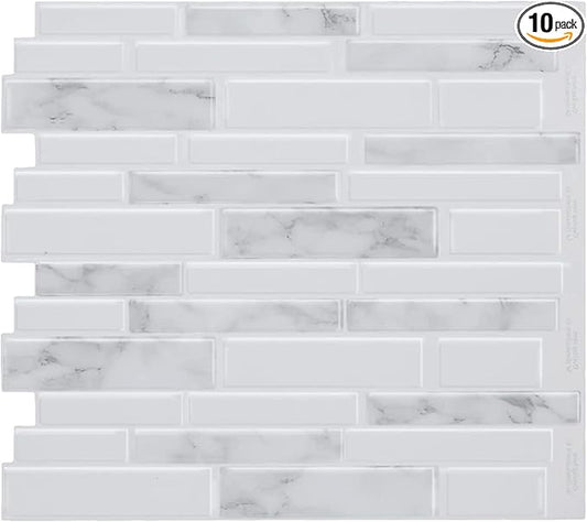 Marble Peel and Stick Backsplash, 10-Sheet Premium 3D Self Adhesive Tiles for Kitchen Stick on Backsplash, Marble Look Decorative Tiles