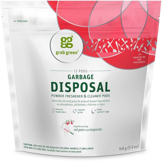 Grab Green Natural Garbage Disposal Cleaner, Deoderizer & Freshener Pods, Red Pear + Magnoliea—with Essential Oils, 12 Pods, Plant & Mineral-Based Ingredients