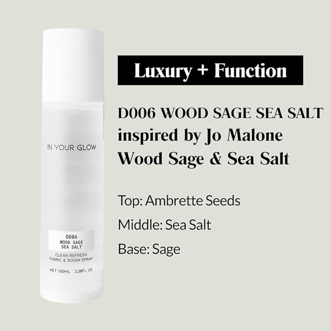 In Your Glow Fabric & Room Mist Spray– Long-Lasting Clean Scent, Unisex Luxury Fragrance & Odor Eliminator, 100ml- D006 WOOD SAGE SEA SALT