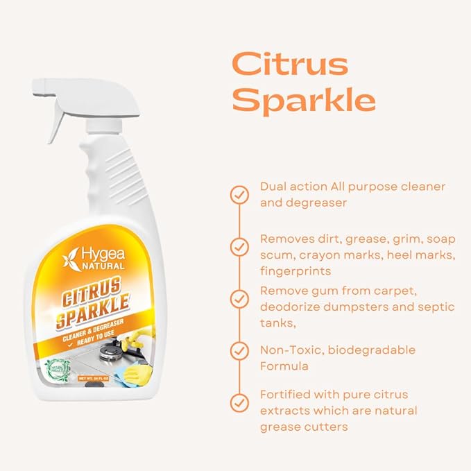 Hygea Natural Citrus Sparkle Chemical-Free Heavy Duty Degreaser & All Purpose Cleaner - Pure Citrus Extracts & Natural D-limonene - Removes Grease, Dirt & Grime (3 Pack of 24 Ounce Spray)