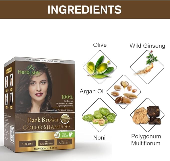 Herbishh Hair Color Shampoo for Gray Hair Dark Brown + Hair Color Stain Remover Wipes - Travel Pack With 5 Wipes