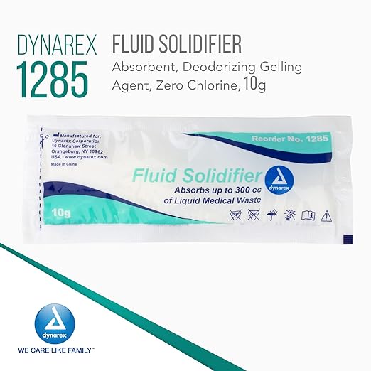 Dynarex Fluid Solidifier Powder - Absorbent & Deodorizing Gelling Agent - Turns Up to 300cc Liquid Waste & Bodily Fluids Into Gel for Disposal - Zero Chlorine - Portable 10g Packets, Bulk 200-Count