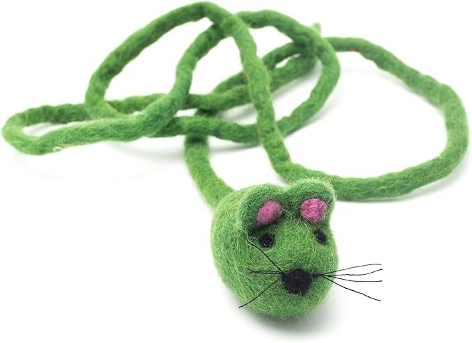 Glaciart One Felt Mouse Cat Toy – Soft Fuzzy Enrichment 100% Natural Wool - Interactive Catnip Play Cat Toy Set - Safe for Pets, Non-AZO Colored Dyes - 42” Long
