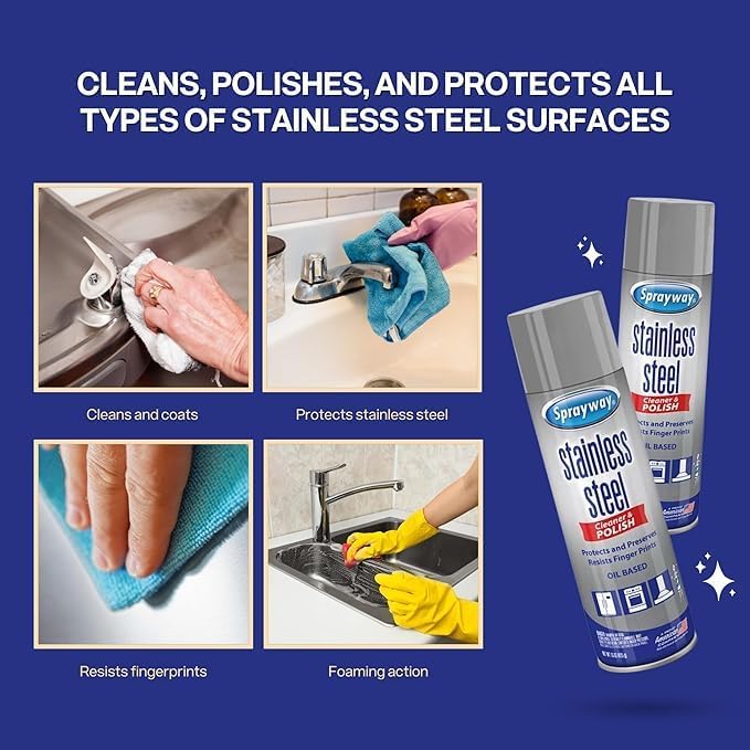 Sprayway Stainless Steel Cleaner Bundle – (2) 15 Oz Stainless Steel Cleaner Polish Cans + EliteWare Premium Microfiber Cloth – Streak-Free Shine for Appliances, Refrigerators & More