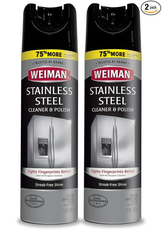 Weiman Stainless Steel Cleaner and Polish - 17 Ounce (2 Pack) Protects Appliances from Fingerprints and Leaves a Streak-less Shine for Refrigerator Dishwasher Oven Grill - 34 Ounce Total