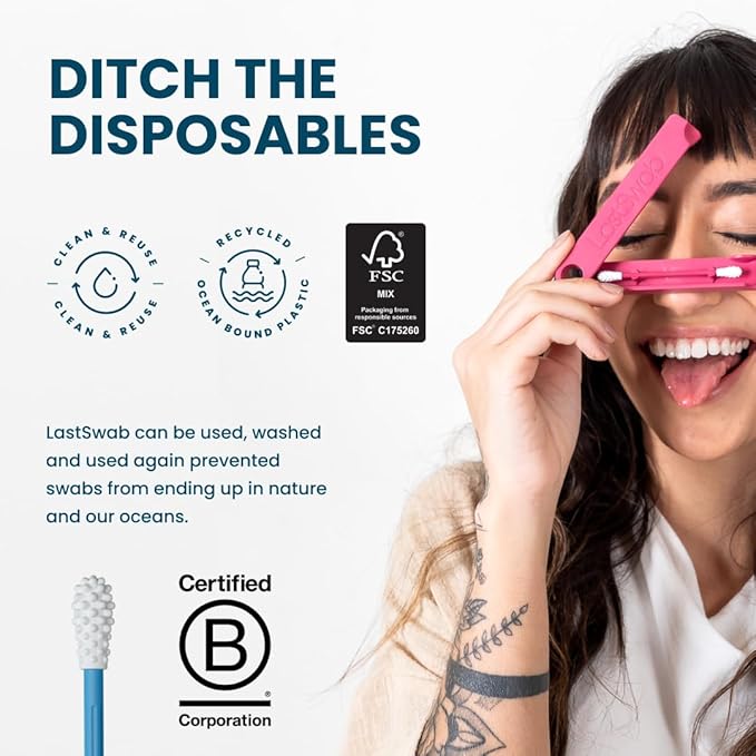 LastSwab® Reusable Cotton Swabs for Ear Cleaning - Sanitary Alternative to Single-Use Q Tips - Easy to Clean - Comes with a Convenient Travel Case Holder - Blue