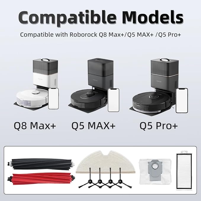 24Pcs Q5 MAX+ Accessories Kit Replacement Compatible with Roborock Q5 MAX+ /Q5 Pro+ /Q8 Max+ Robot Vacuum, 2 Main Brush, 4 Mop Cloth Pads, 6 Side Brushes, 4 HEPA Filters,6 Dust Bag, 1 Cleaning Tool