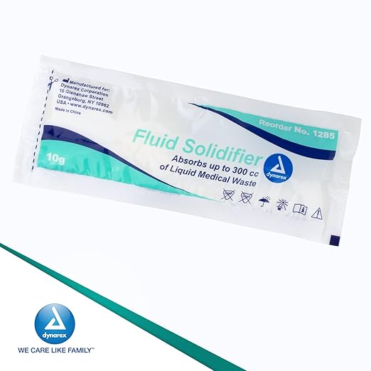 Dynarex Fluid Solidifier Powder - Absorbent & Deodorizing Gelling Agent - Turns Up to 300cc Liquid Waste & Bodily Fluids Into Gel for Disposal - Zero Chlorine - Portable 10g Packets, Bulk 200-Count