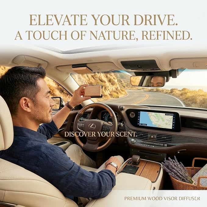 Magnetic Wooden Car Air Freshener Set, 2-Pack Sun Visor Vent Clip, Long Lasting 90 Days Natural Essential Oil Diffuser, Odor Neutralizer with Amber & Oud and Tropical Escape, Premium Car Accessories