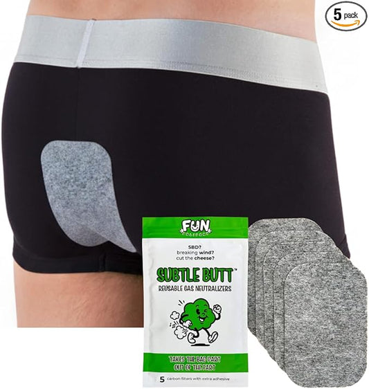 Subtle Butt Reusable Gas Neutralizers: 5 Activated Carbon Fart Pads - Gag Gift that Actually Works for Flatulence Odor Control to Stop Smelly Gas - Better Than Charcoal Underwear