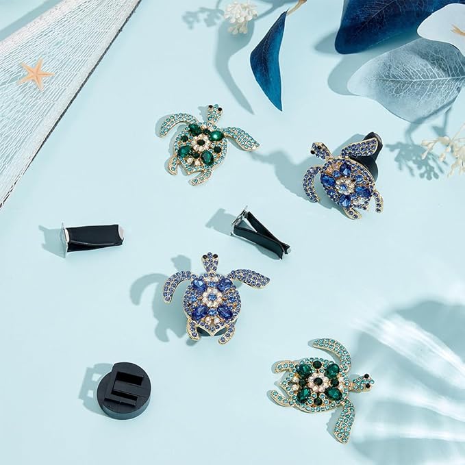 PLIGREAT 4 Pcs Bling Sea Turtle Car Air Vent Clips, Rhinestone Car Airs Freshener Diffuser Charms Crystal Cars Air Conditioning Outlet Clip Cute Cars Accessories for Women Men, Green & Purple