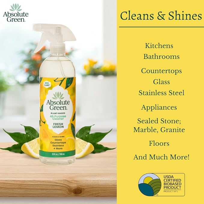 Absolute Green All Purpose Cleaner Spray, Non-Toxic, Kitchen, Bath, Countertop, Stainless, Safe around Kids + Pets, Natural Lemon Scent, 25 oz (1 Pack)