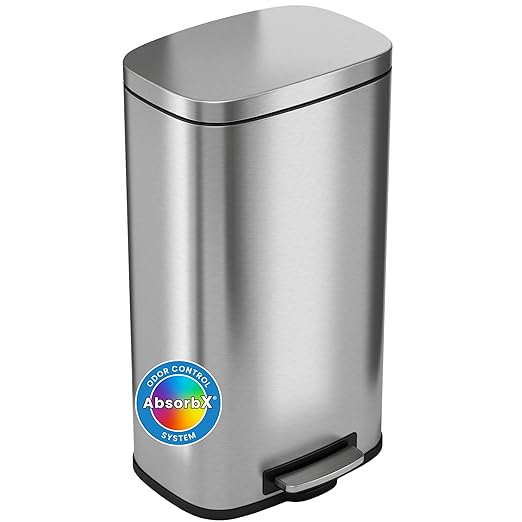 iTouchless SoftStep 8 Gallon Kitchen Step Trash Can with Odor Filter and Removable Inner Bucket, Stainless Steel 30 Liter Rectangular Pedal Garbage Bin for Home, Office, Silent and Gentle Lid Close