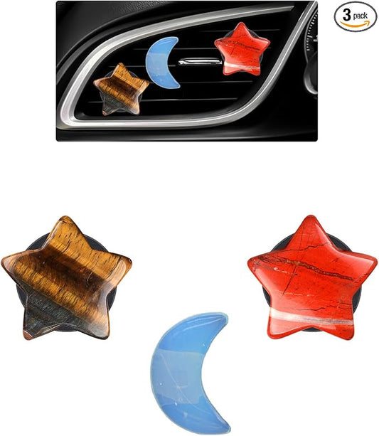 Moon Stars Car Decor,Boho Air Vent Clips,Refillable Car Fresheners,3pcs Natural Crystal Stone Hippie Dashboard Decorations Accessories,Best Wishes for Lover and Friend (Red & Tiger Eye)