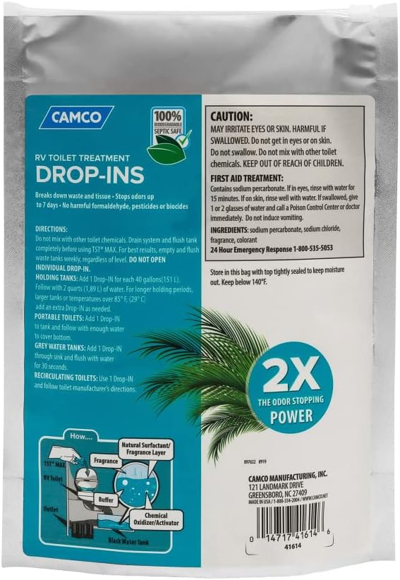 Camco TST MAX RV Toilet Treatment Drop-INs - Control Unwanted Odors and Break Down Waste and Tissue - Septic Tank Safe - Ocean Breeze Scent - 15-pack (41614)