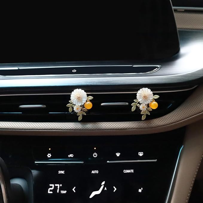 Flower Car Accessories,2pcs Daisy Air Vent Clips Car Air Freshener,Natural Shell Material Flower Dashboard Decor Car Charm for Women Mom