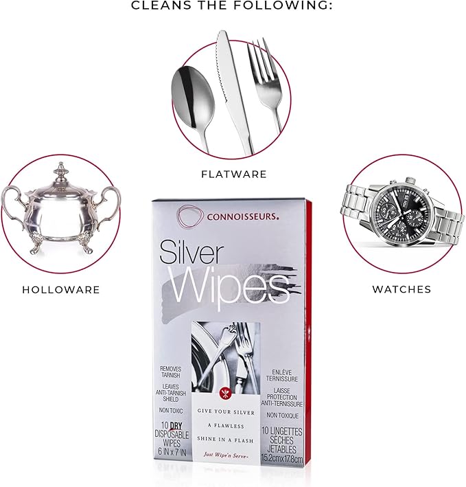 Connoisseurs Silver Cleaner Wipes for Sterling Silver Jewelry and Tableware - 10 Pack - Dry and Disposable - Remove and Prevent Tarnish