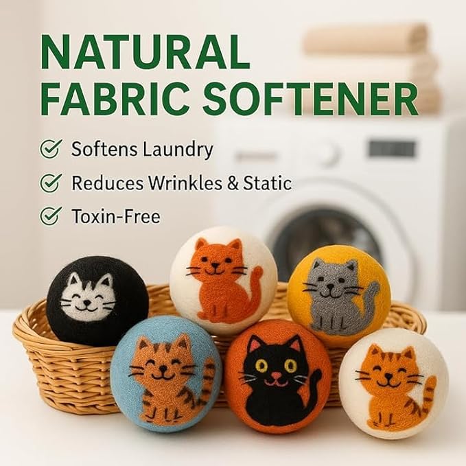 Laundry Wool Dryer Balls | Natural Fabric Softener – Reusable, Eco-Friendly, Reduces Drying Time – Wool Balls Replaces Dryer Sheets - Laundry Balls for Dryer (Cutie Cat (Type 1) 3XL)