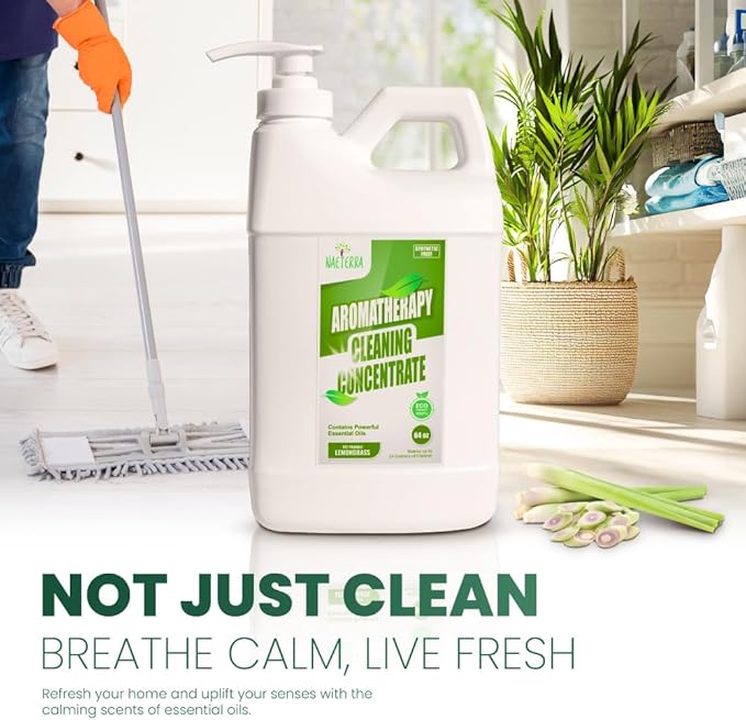 Naeterra Lemongrass Aromatherapy Cleaning Concentrate 64 oz - Natural All Purpose Multi Surface Cleaner - Plant Based Essential Oil Formula for Floors Glass & Granite - Pet Safe - Makes 24 Gallons