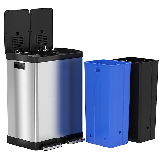iTouchless SoftStep 60 Liter / 16 Gallon Kitchen Step Trash Can & Recycle Bin with Double Odor Filters and Color-Coded Buckes, Stainless Steel, 2 x 8 Gallon (30L), Soft Close Lid and Airtight Seal